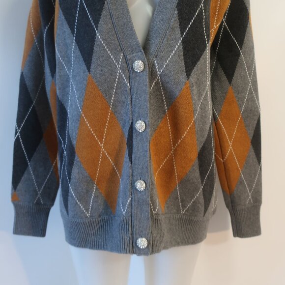 Ronny Kobo Abarne Gray Brown Merino Wool Cotton Argyle Button Cardigan Sweater S - Picture 10 of 15